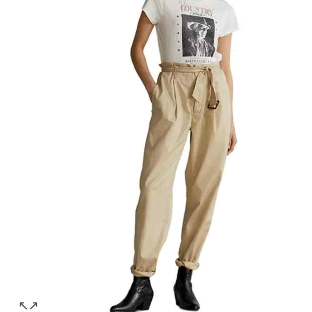 Ralph Lauren Paperbag Waist Pants Khaki Beige Belted Tapered Leg Trousers 12 new